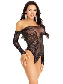 Rhinestone Net and Lace Teddy  One Size (Option: Black)