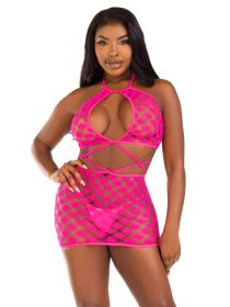 Keyhole Halter Hardcore Net Mini Dress  One Size (Option: Neon Pink)
