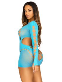 Seamless Cut Out Long Sleeve Mini Dress With Faux Lace Up Detail  One Size (Option: Turquoise)