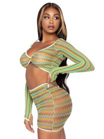 2 Pc Zig Zag Net Crop Top and Mini Dress  One Size (Option: Green)